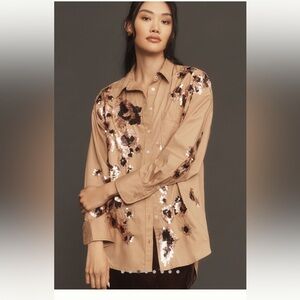 EUC Anthropologie The Bennet Buttondown Shirt by Maeve: Sequin Leopard Edition